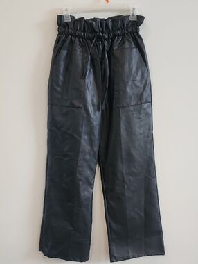 Gracia Black Faux Leather Cargo Pants with Drawstring Waist
